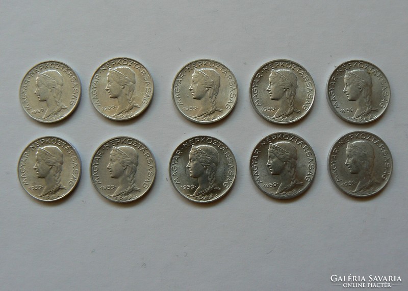 A collection of 10 5-penny coins from 1959