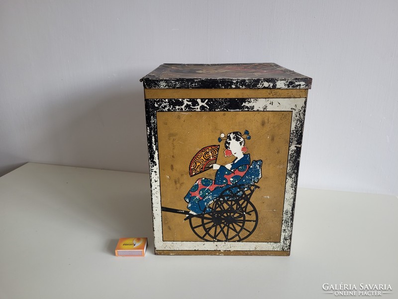 Old oriental motif large tea metal box vintage sheet metal tea box metal box