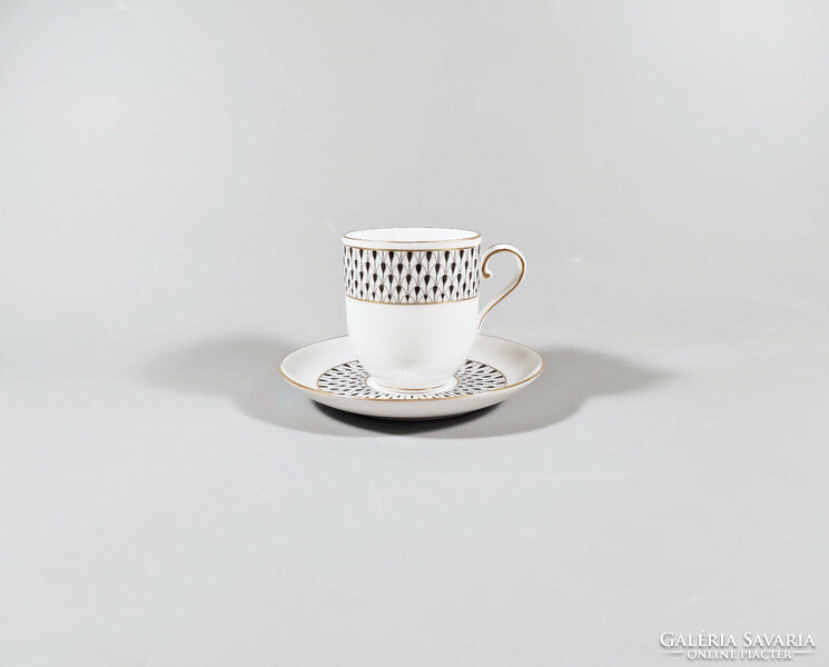 Herend, black vh (vhnkn) pattern coffee cup and saucer, hand-painted porcelain, flawless! (I223)