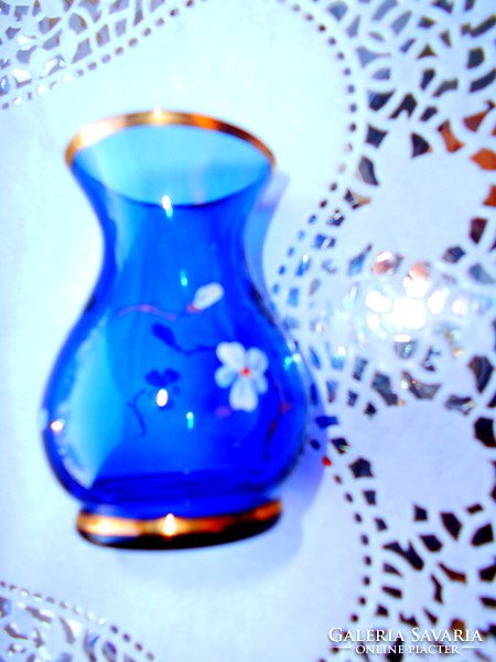 Parádi üveg antik ibolya váza  -zománc festett virág díszítéssel