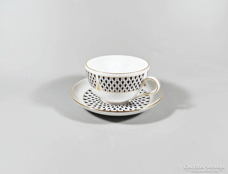 Herend, black vh (vhnkn) pattern teacup and saucer, hand-painted porcelain, flawless! (I222)