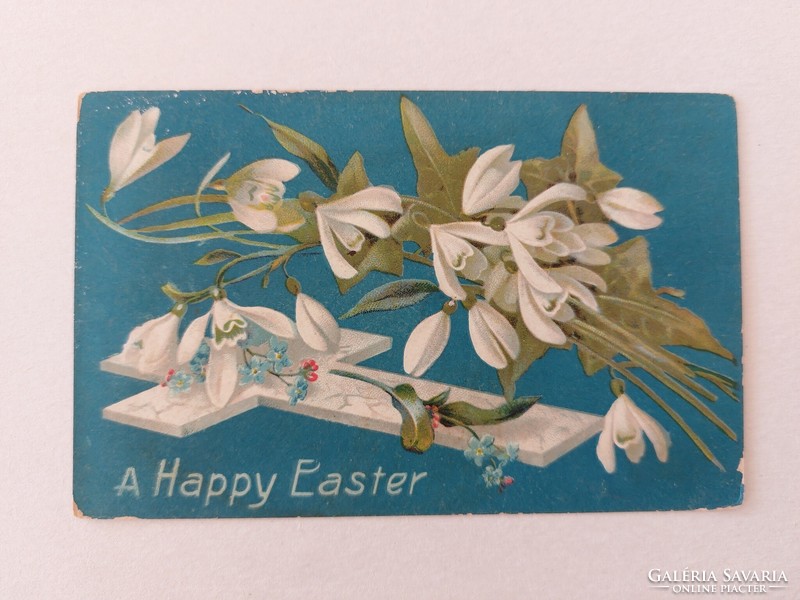 Régi húsvéti képeslap levelezőlap kereszt hóvirág