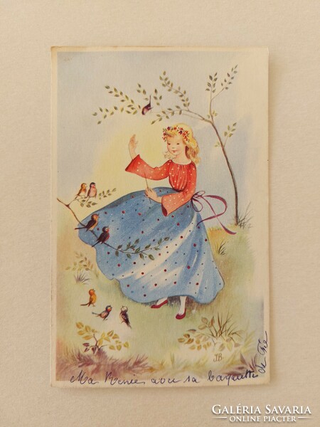 Old postcard with a picture of a little girl and little birds