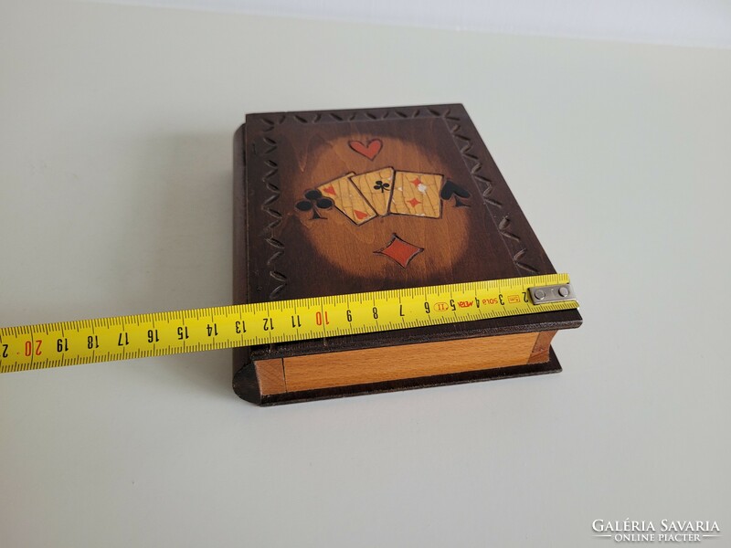 Régi intarziás fa kártyadoboz könyv alakú doboz fadoboz
