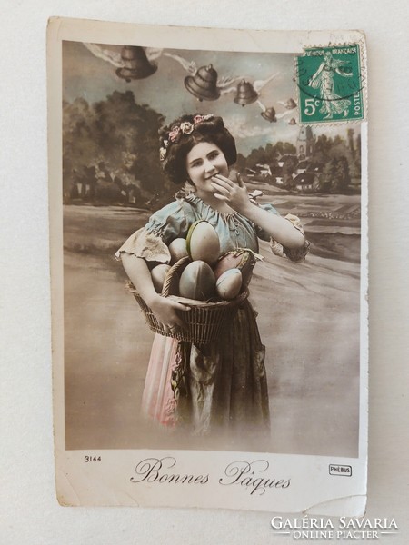 Régi húsvéti képeslap fotó levelezőlap hölgy tojás