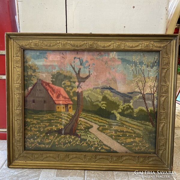 Antique picture frame with tapestry