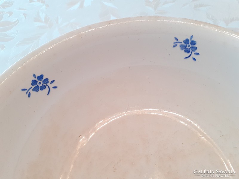 Régi nagy méretű Gránit tál kék virágos vintage népi edény 28 cm