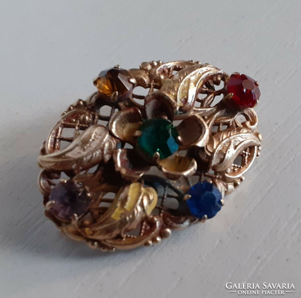 Antique filigree handmade brooch pin decorated with colored polished stones