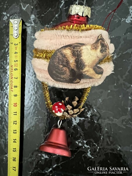 Glass and chenille Christmas tree decoration with paper cats from old and new materials