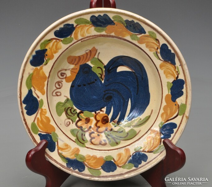 Antique Transylvanian (korund) blue earthenware plate with rooster.