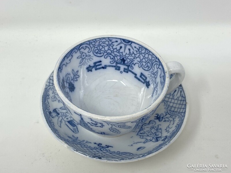 Antique sarreguemines timor chinaizing cobalt blue oriental coffee cup with bottom - cz