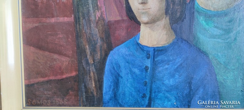 SOMOS MIKLÓS: Asszony meg a lánya 60 x 80 cm FESTMÉNY, olaj-vászon, eredeti régi Képcsarnok keretben
