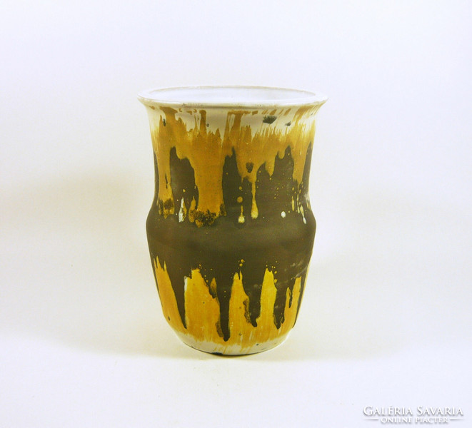 Gorka livia, retro 1950 brown, black and yellow 18 cm artistic ceramic vase, perfect! (G009)