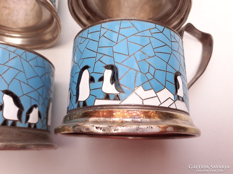 Retro tűzzománcos pohártartó pingvines régi orosz design alpakka teás kellék 4 db