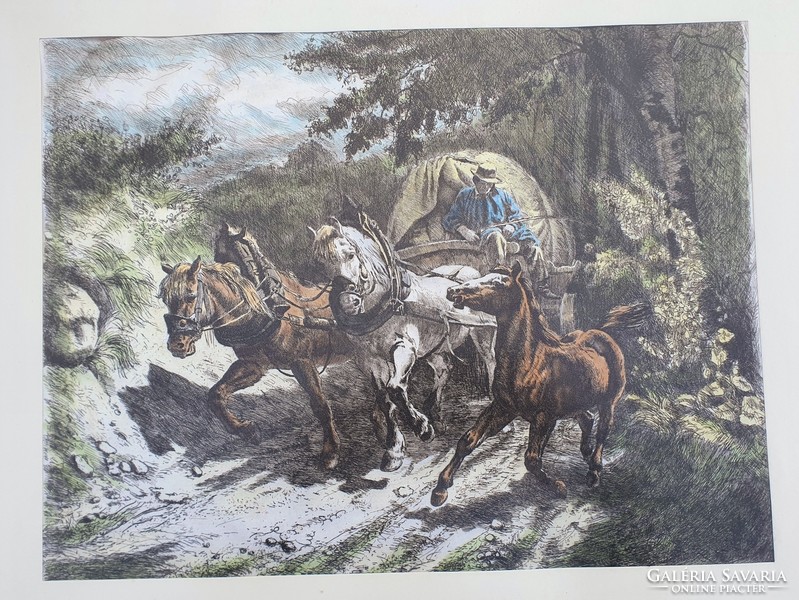 Rudolf Koller (1828-1905) Fedett kocsi egy keskeny ösvényen, ló, lovas, selyem kép 55x73 cm