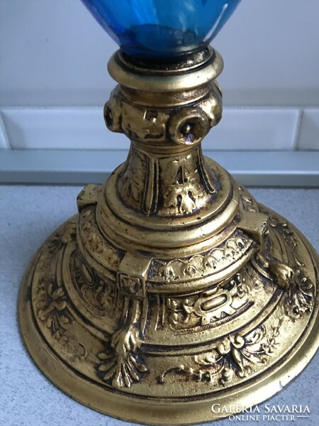 Antique moser vase with gilded metal base and handles, 42 cm high