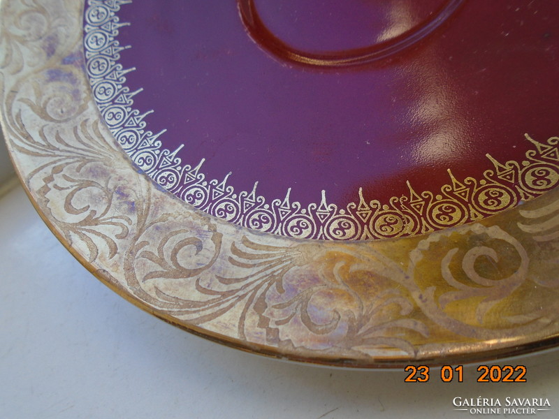 Golden brocade on burgundy hand painted plate
