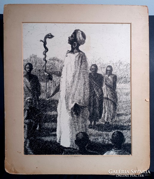 A papnő - jelzett tollrajz - törzsi jelenet (teljes meret: 42x49 cm)