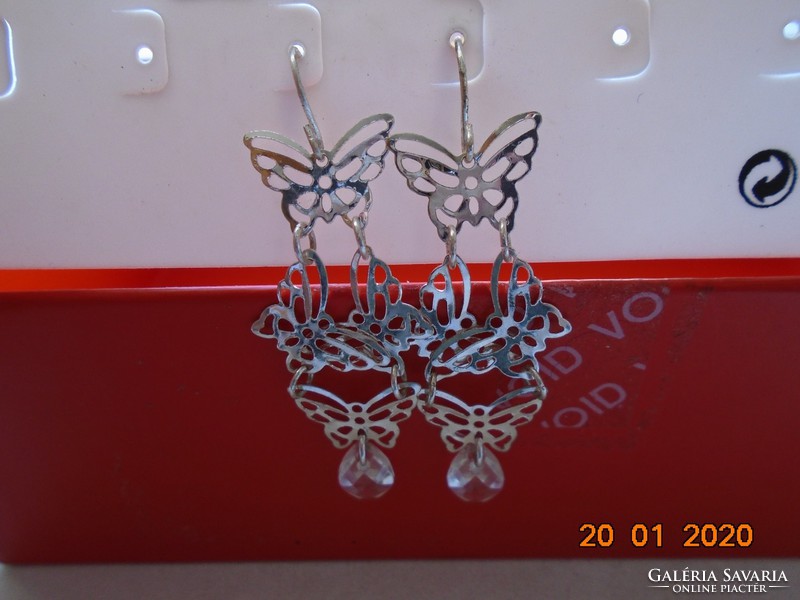 .Silver chandelier earrings with 4 filigree butterflies and faceted glass drop beads