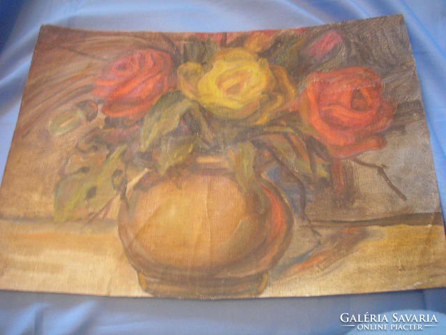 Leárazva Olaj-vászon  festmény, rózsacsokor vázában 35X25 CM