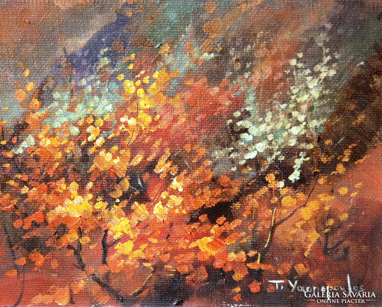 T. Yannopoulos: autumn in the mountains - oil painting in a frame covered with black velvet