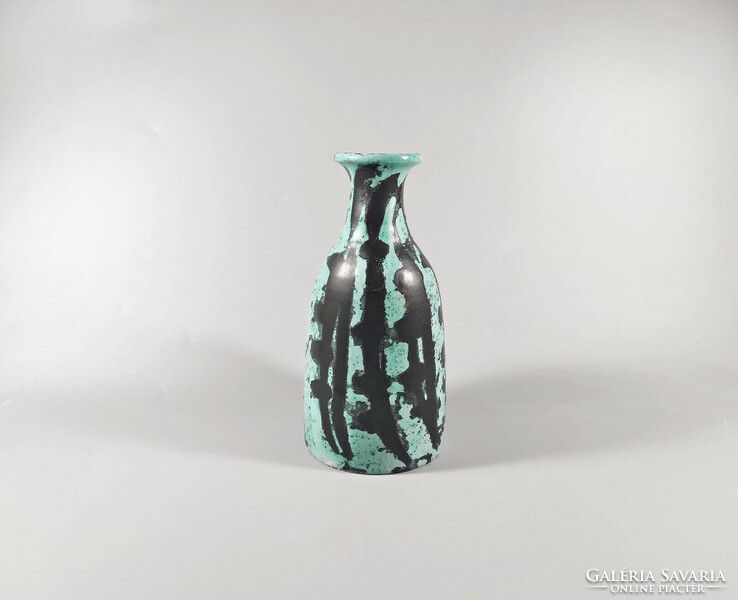 Gorka livia, retro 1950 turquoise retro vase with black motif 18.5cm artistic ceramics, flawless! (G053)