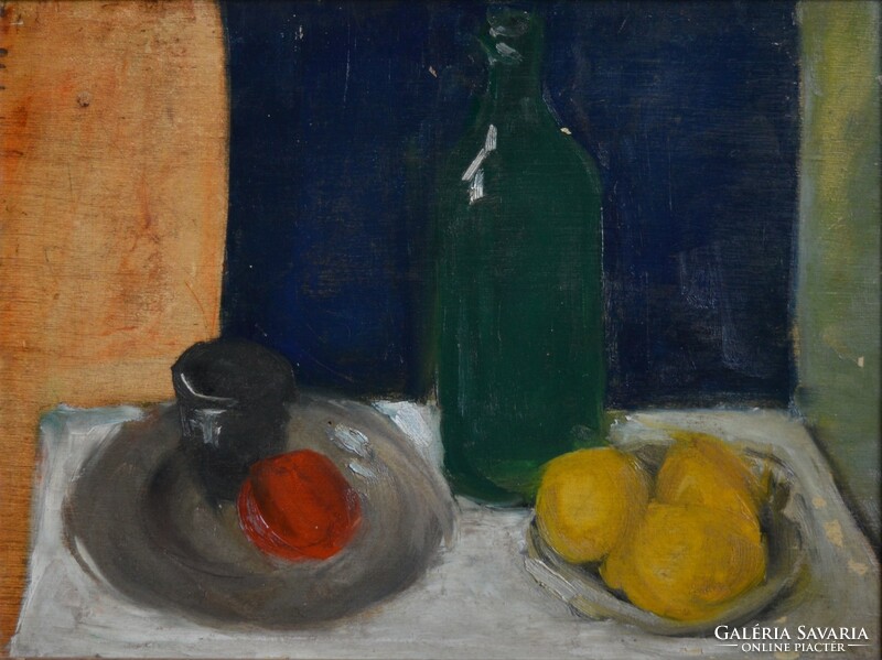 Csendélet zöld üveggel és gyümölcsökkel festmény, olaj falemez, kerettel: 38 x 48 cm, jn.
