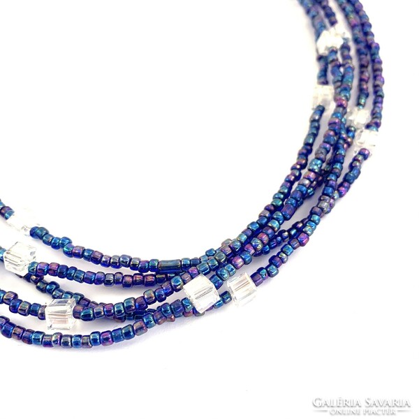Királykék sokszálas olasz üveggyöngy nyaklánc, kék szín fényes nyaklánc a 1980-as évekből nyakék