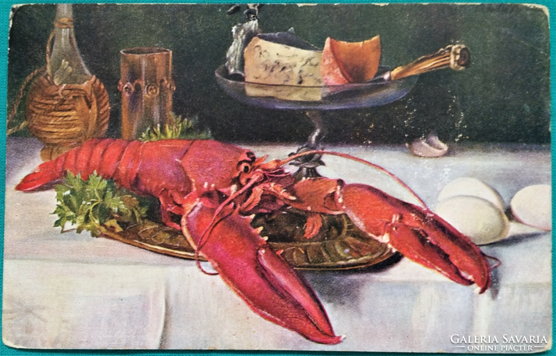 Antik művész csendélet képeslap 1906 homár bor sajt