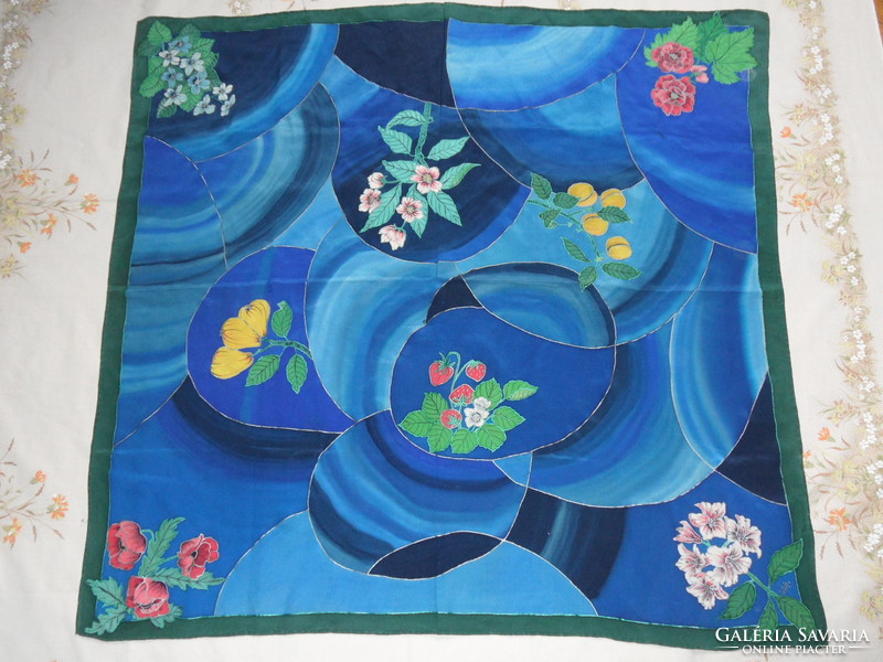 Hand-painted marked silk women's shawl, scarf (90 cm x 87 cm)
