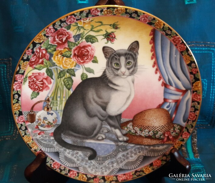 Angol macskás porcelán dísztányér, Aynsley porcelán négy évszak cicusai szett (M3468)
