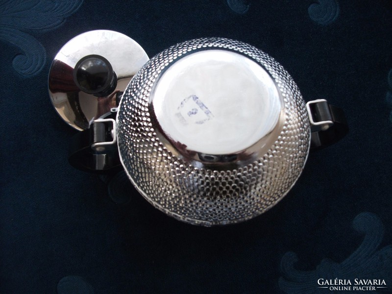 New double-walled cromaline chrome alloy sugar bowl with mid-century vinyl handles