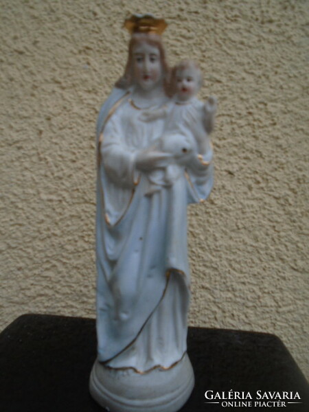 Antik, 1920-30 as évekből, 20 cm es, kézzel festett porcelán Mária gyermekével szobor