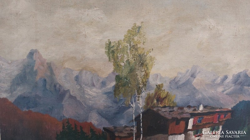 (K) Szignózott hegyvidék házzal festmény 55x70 cm