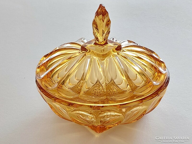 Old glass large bonbonier amber colored 15.5 cm sugar bowl with lid