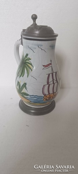 Antique pewter ceramic jug vessel with handles
