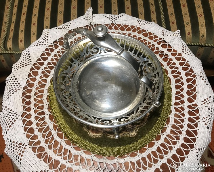 High-gloss, antique, silver-plated, openwork, serving bowl or basket, with a flawless glass bowl