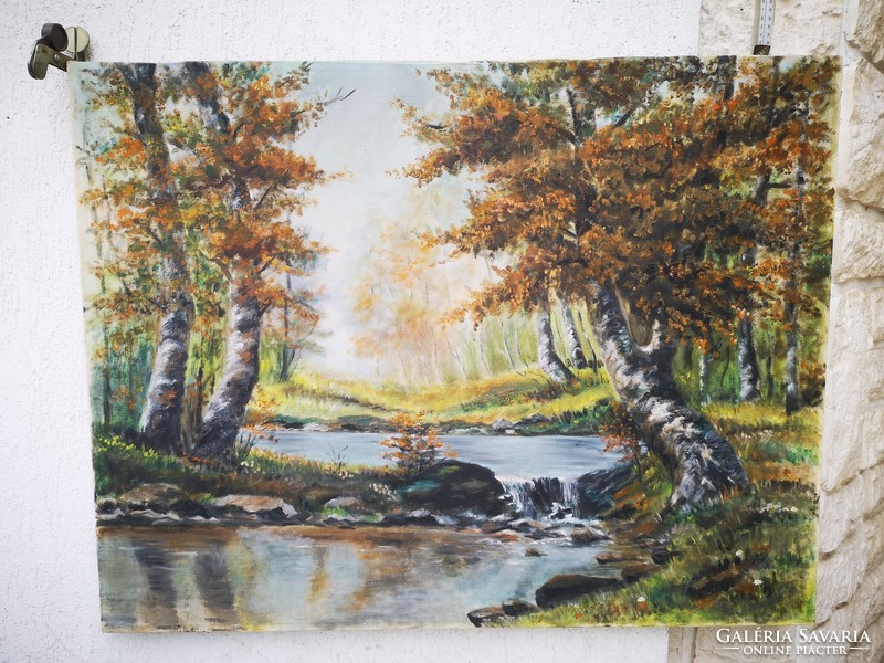 Antique painting autumn landscape landscape. Oil on canvas, large size 70 x 90 cm