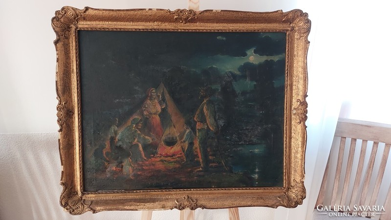(K) Táborozók életkép festmény 82x69 cm kerettel, olaj vászon.