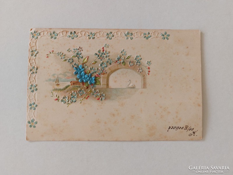 Old postcard 1900 embossed postcard with silk overlay swan forget-me-not