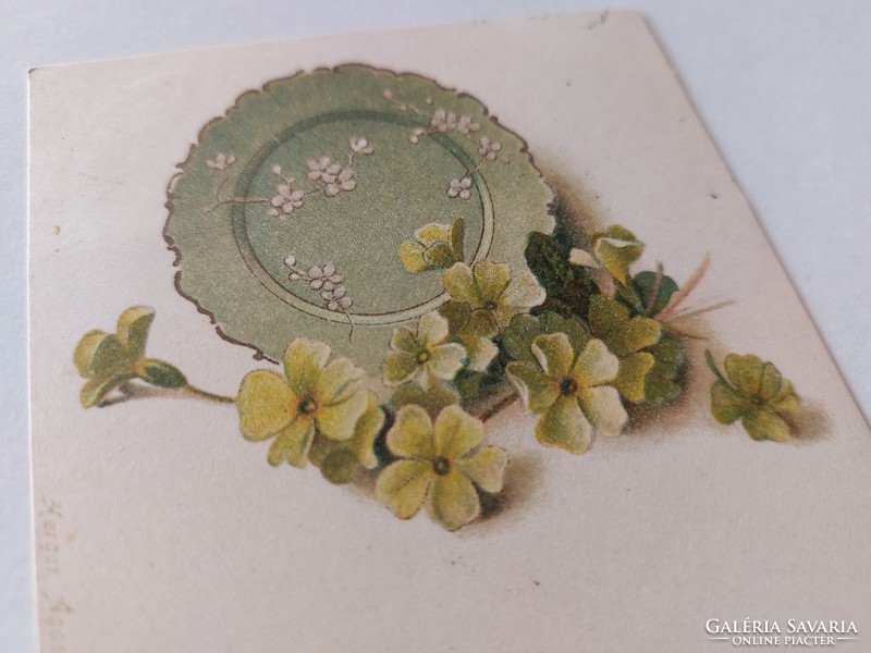 Régi képeslap 1900 levelezőlap tányér virágok