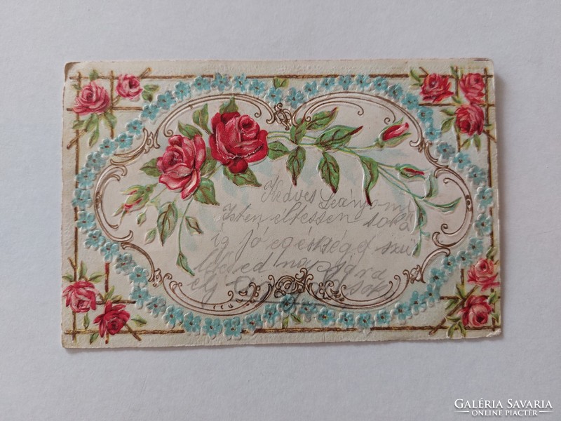 Old postcard embossed postcard with roses forget-me-not