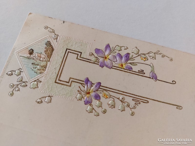 Régi képeslap 1900 dombornyomott levelezőlap tájkép virág