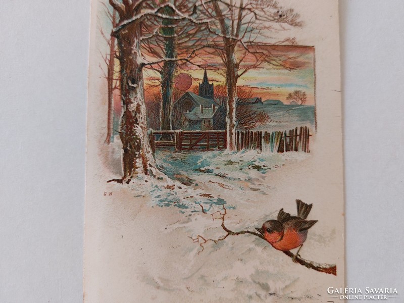 Old postcard 1900 postcard small bird snowy landscape
