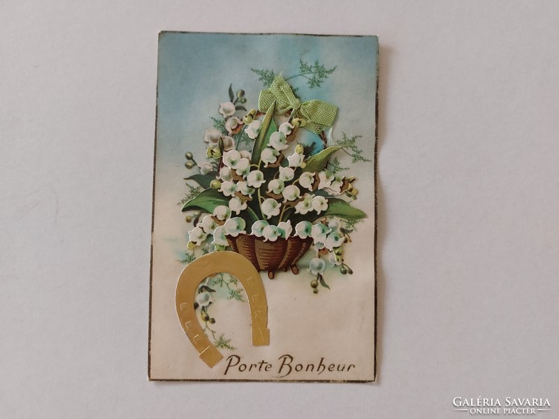 Old postcard postcard with lily of the valley lucky horseshoe