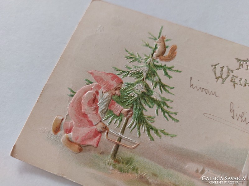 Régi karácsonyi képeslap 1903 dombornyomott levelezőlap törpe mókus fenyőfa