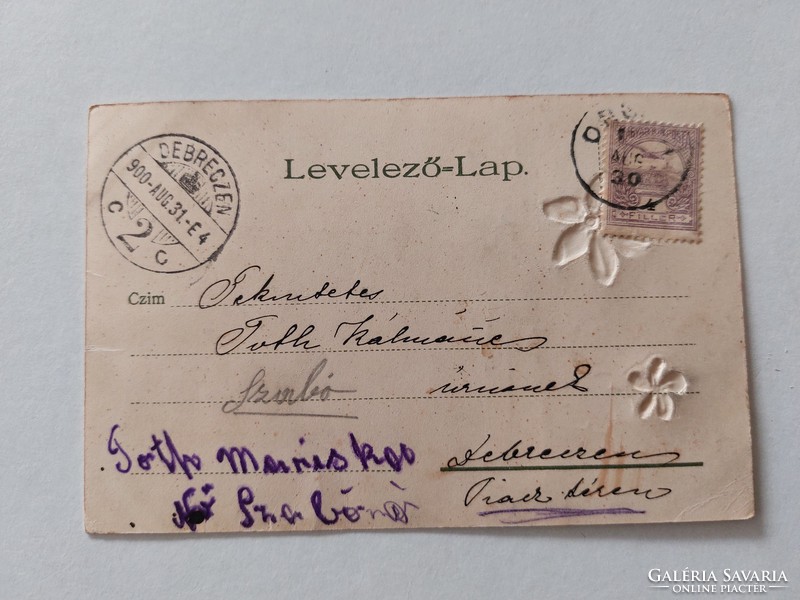 Régi képeslap 1900 dombornyomott levelezőlap selyem rátéttel ibolya lóhere