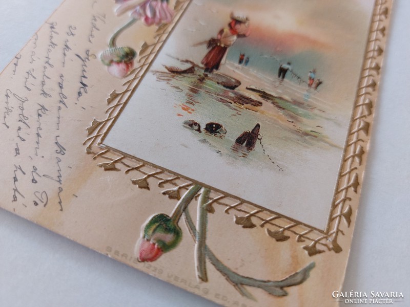 Régi képeslap dombornyomott levelezőlap őszirózsa