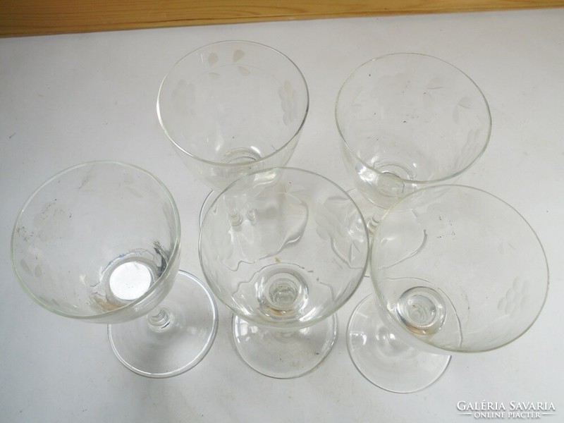 Old retro glass short drink set 5 glasses with grape pattern polished