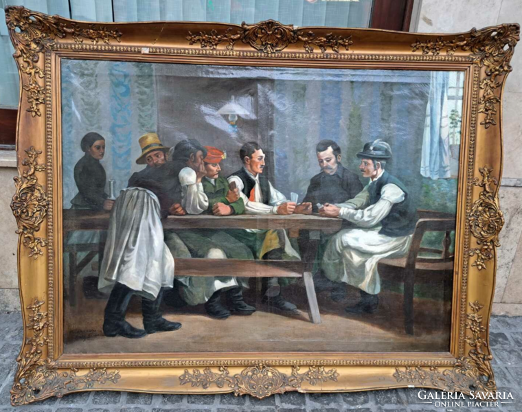 Powerful!! Signed oil canvas painting after János Thorma entitled Card players